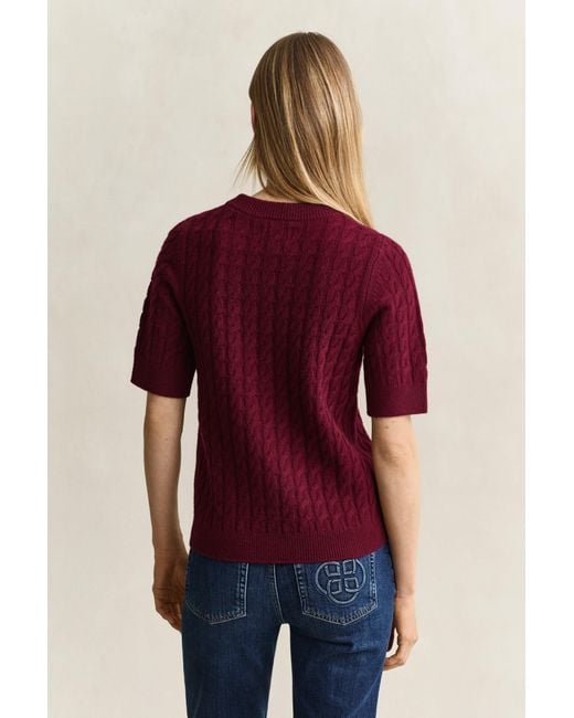 Gant Red Wool Cashmere Cable Knit Short Sleeve Sweater