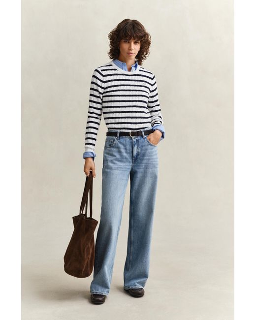Gant Blue Striped Cable Knit Crew Neck Sweater Eggshell