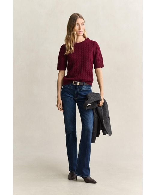 Gant Red Wool Cashmere Cable Knit Short Sleeve Sweater