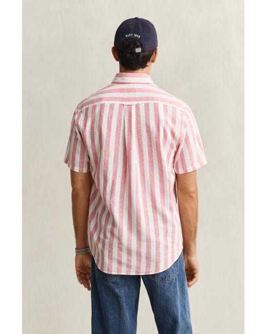 Gant Red Striped Linen Blend Short Sleeve Shirt for men