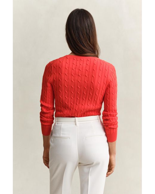 Gant Red Stretch Cotton Cable Knit V-Neck Sweater