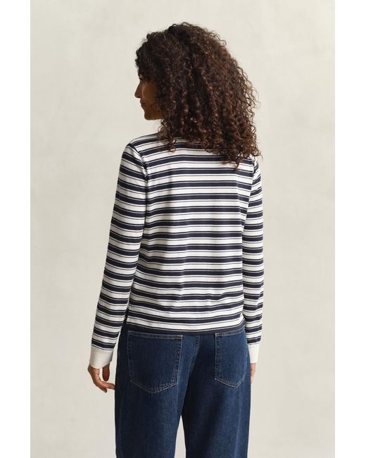 Gant White Striped Long Sleeve Polo Shirt Cream