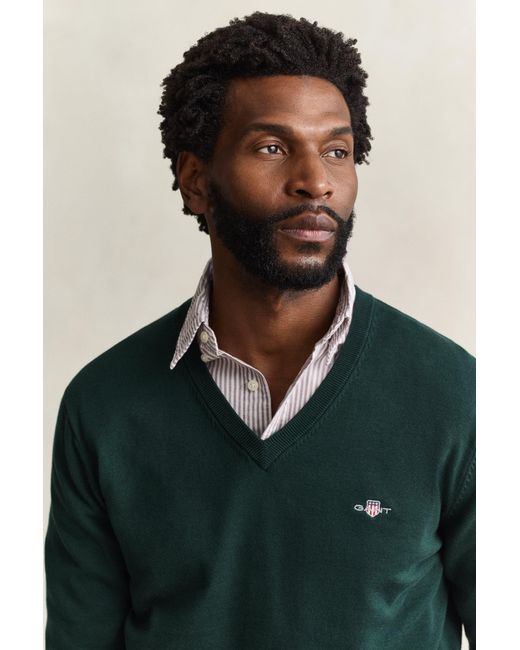 Gant Green Cotton V-Neck Sweater Tartan for men