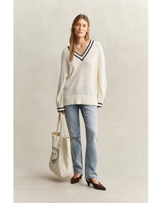 Gant Natural Cotton V-Neck Sweater Eggshell