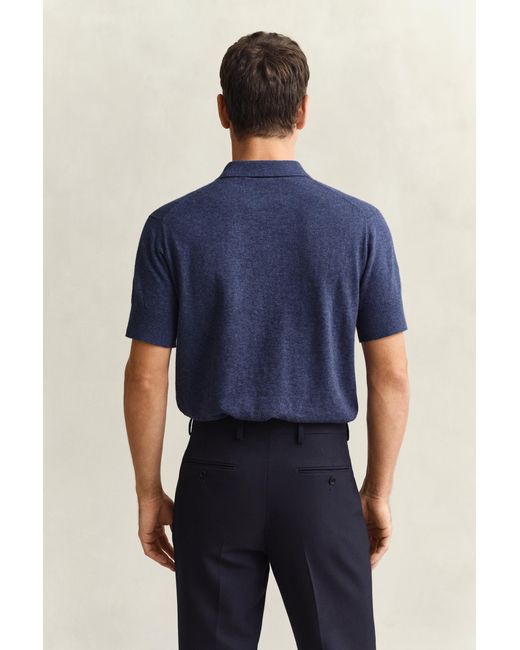Gant Blue Slub Cotton Blend Short Sleeve Polo Sweater Dark Melange for men