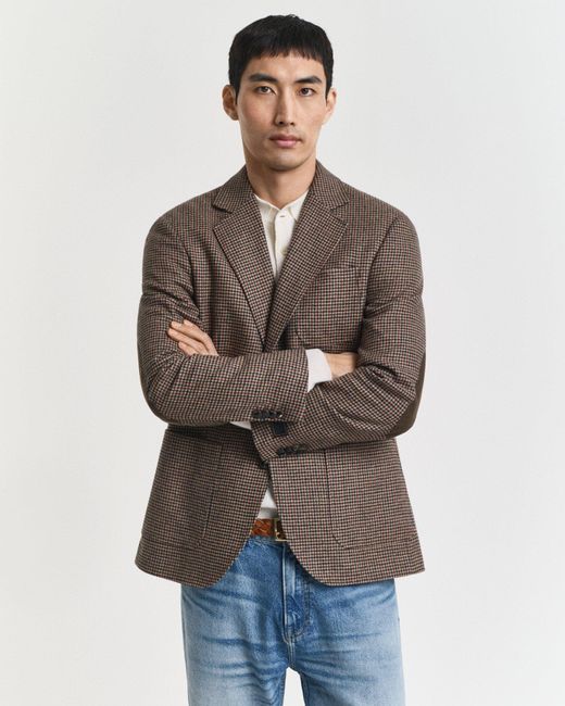 Gant Brown Slim Fit Houndstooth Check Blazer Light Taupe for men