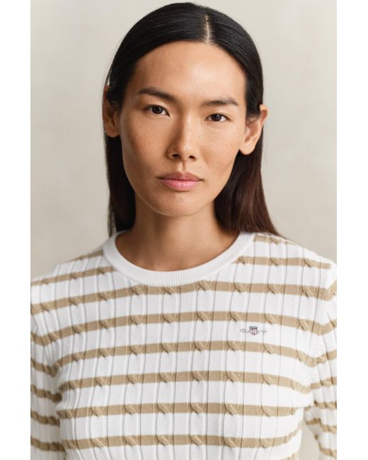 Gant Natural Striped Cable Knit Crew Neck Sweater