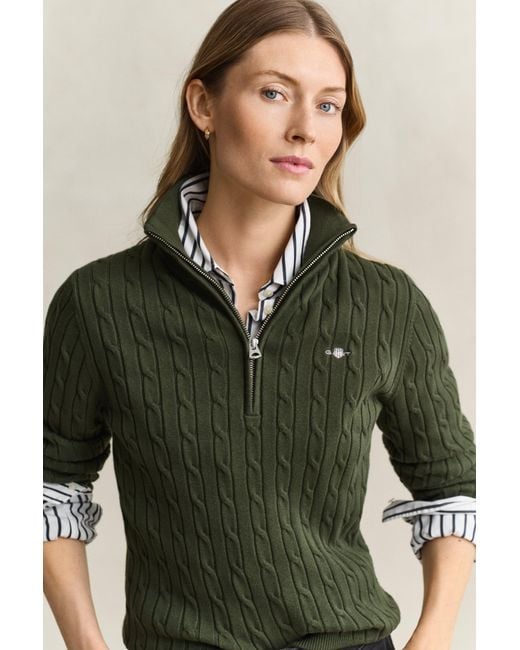 Gant Green Stretch Cable Knit Half-Zip Sweater