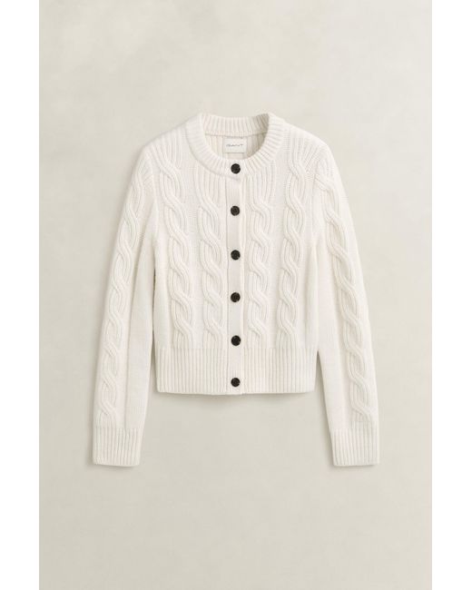 Gant Natural Wool Blend Cable Knit Cardigan Cream