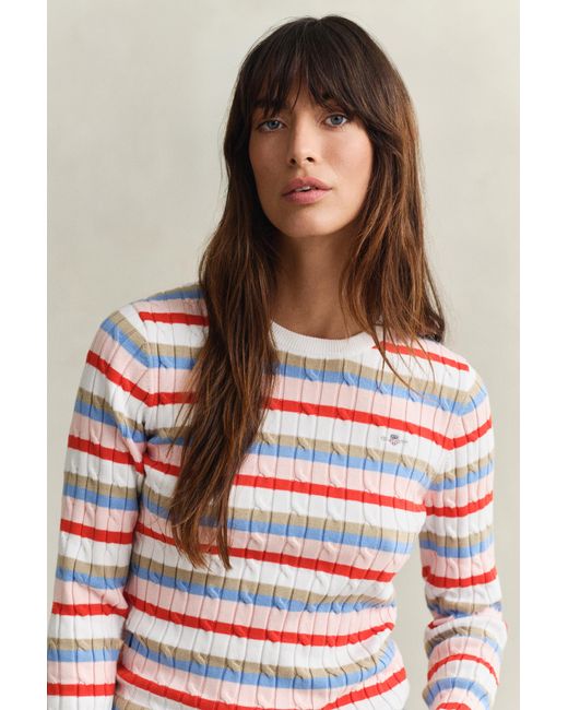 Gant Multicolor Striped Cable Knit Crew Neck Sweater