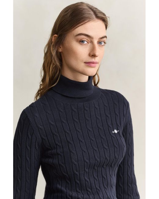 Gant Blue Stretch Cotton Cable Knit Turtleneck Sweater