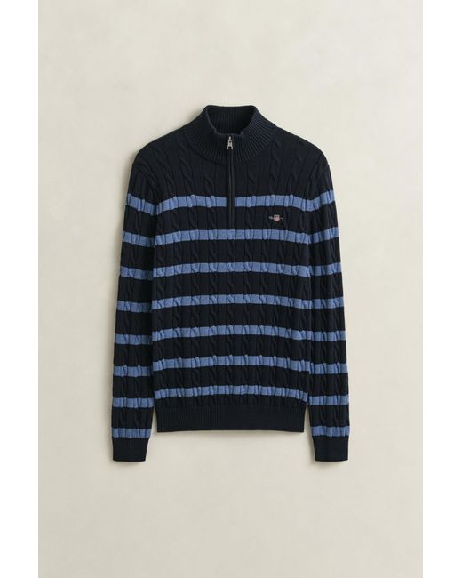 Gant Blue Striped Cotton Cable Knit Half-Zip Sweater Evening for men