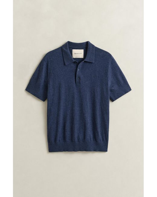 Gant Blue Slub Cotton Blend Short Sleeve Polo Sweater Dark Melange for men