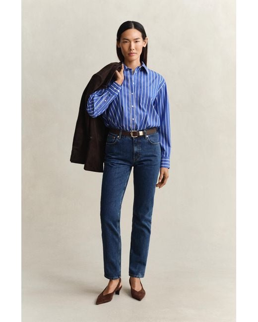 Gant Blue Relaxed Fit Classic Striped Poplin Shirt