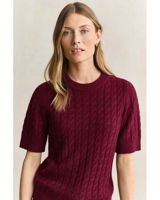 Gant Red Wool Cashmere Cable Knit Short Sleeve Sweater