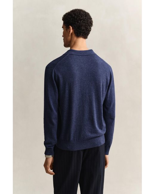 Gant Blue Slub Cotton Blend Polo Sweater Dark Melange for men