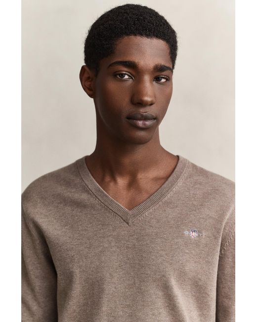 Gant Brown Classic Cotton V-Neck Sweater for men