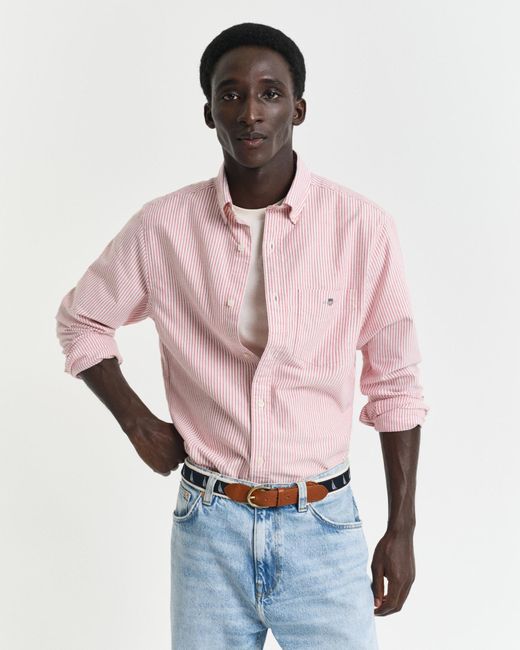 Gant Pink Regular Fit Banker Stripe Classic Oxford Shirt for men