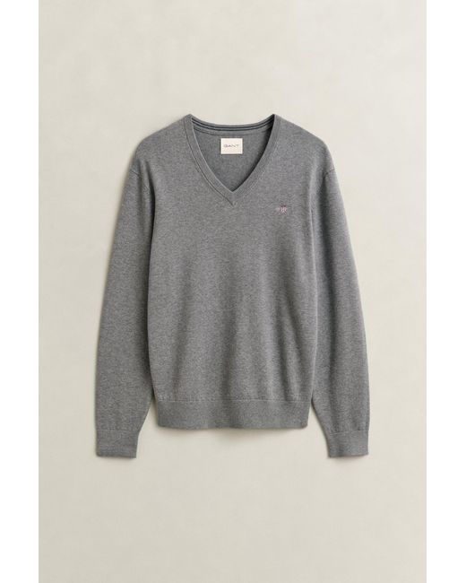 Gant Gray Cotton V-Neck Sweater Melange for men