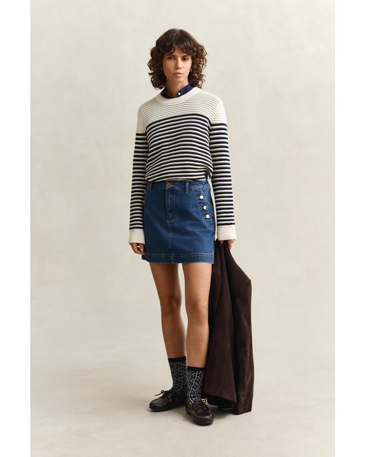 Gant Blue Striped Crew Neck Sweater Cream