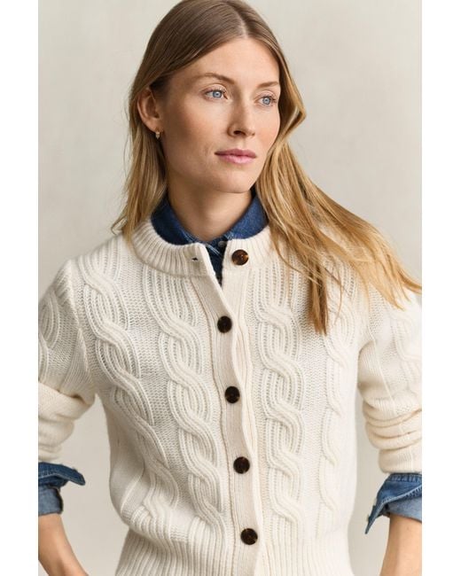 Gant Natural Wool Blend Cable Knit Cardigan Cream