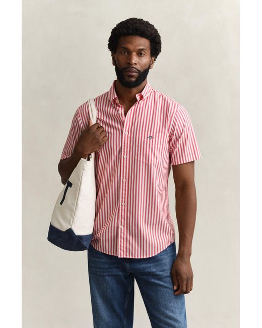 Gant Red Striped Classic Poplin Short Sleeve Shirt for men