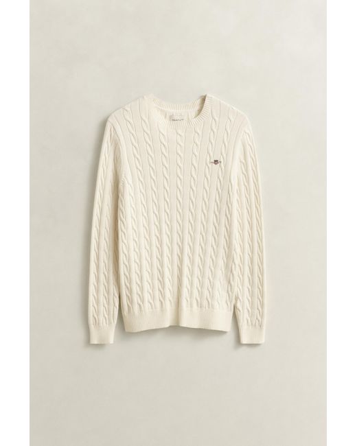 Gant White Cotton Cable Knit Crew Neck Sweater Cream for men