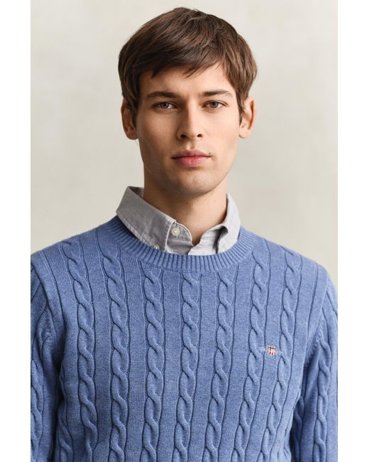 Gant Blue Cotton Cable Knit Crew Neck Sweater Denim Melange for men