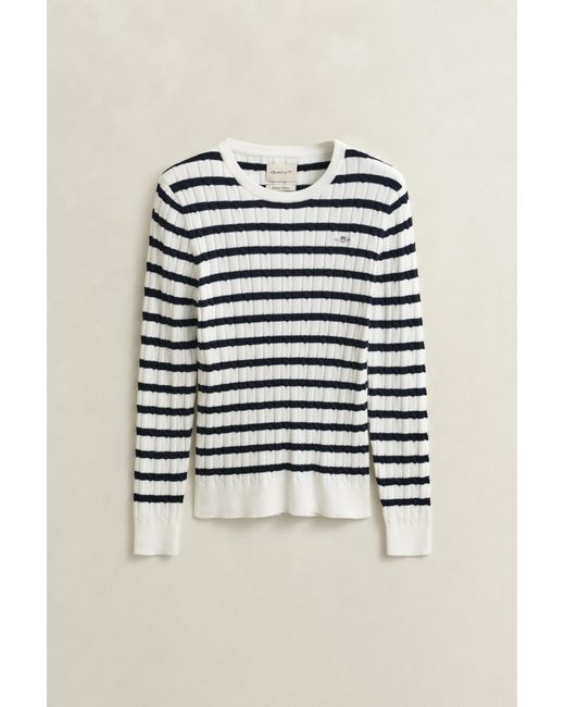 Gant Blue Striped Cable Knit Crew Neck Sweater Eggshell