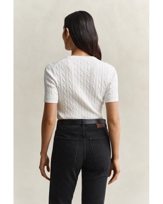 Gant White Stretch Cotton Cable Knit Sweater