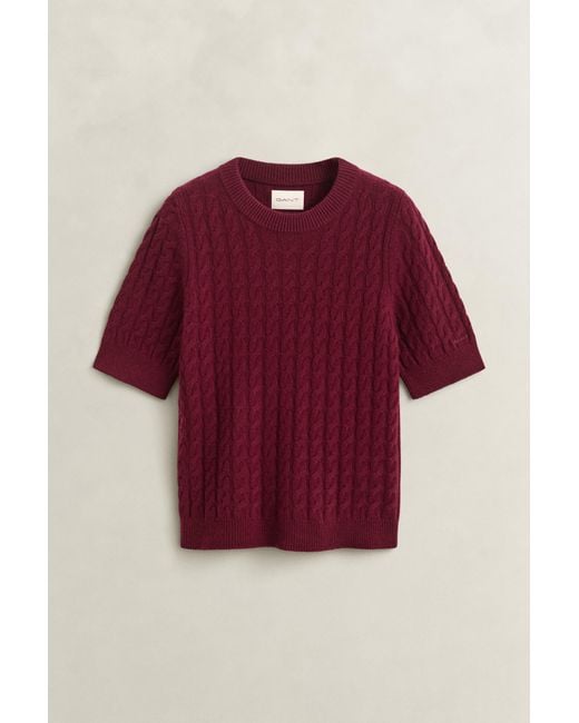 Gant Red Wool Cashmere Cable Knit Short Sleeve Sweater