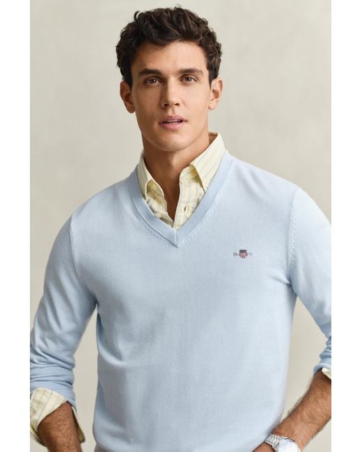 Gant Blue Classic Cotton V-Neck Sweater for men