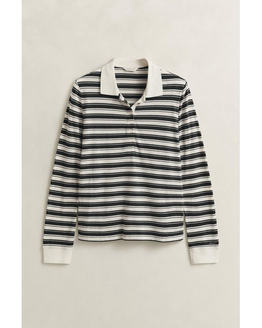 Gant White Striped Long Sleeve Polo Shirt Cream