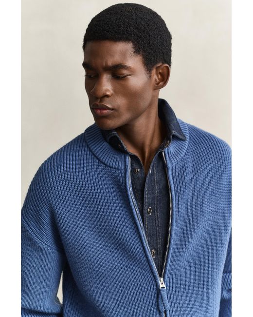 Gant Blue Ribbed Wool Zip Cardigan for men