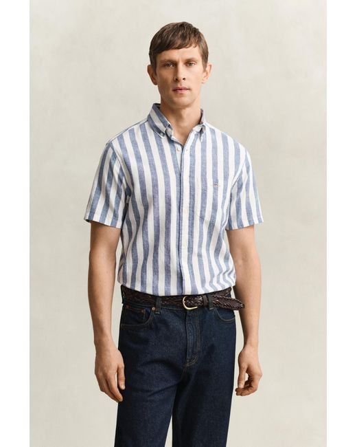 Gant White Striped Linen Blend Short Sleeve Shirt for men
