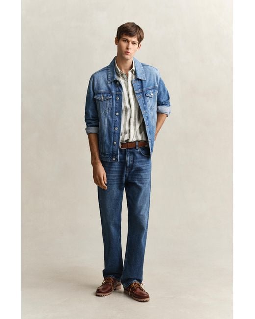 Gant Blue Striped Linen Blend Short Sleeve Shirt for men