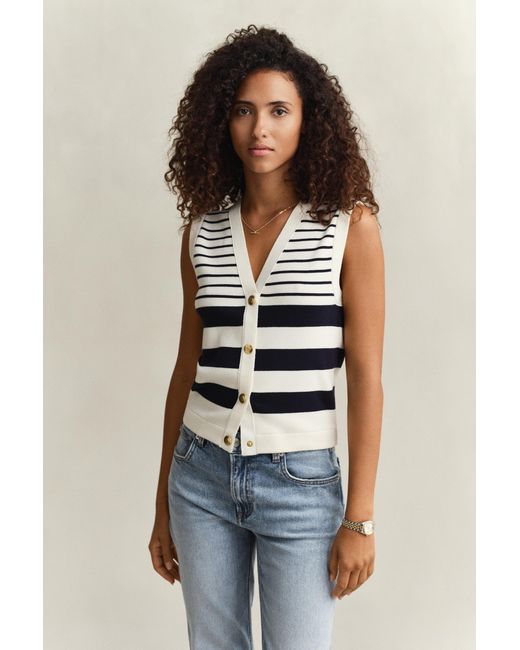Gant Blue Striped Knit Vest Eggshell