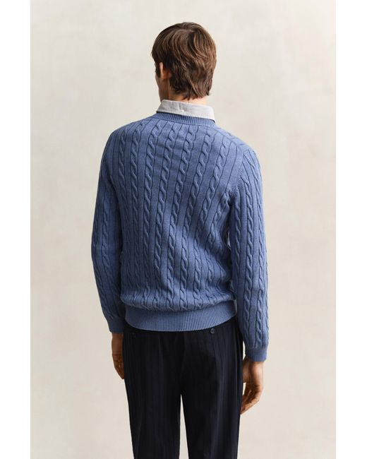 Gant Blue Cotton Cable Knit Crew Neck Sweater Denim Melange for men