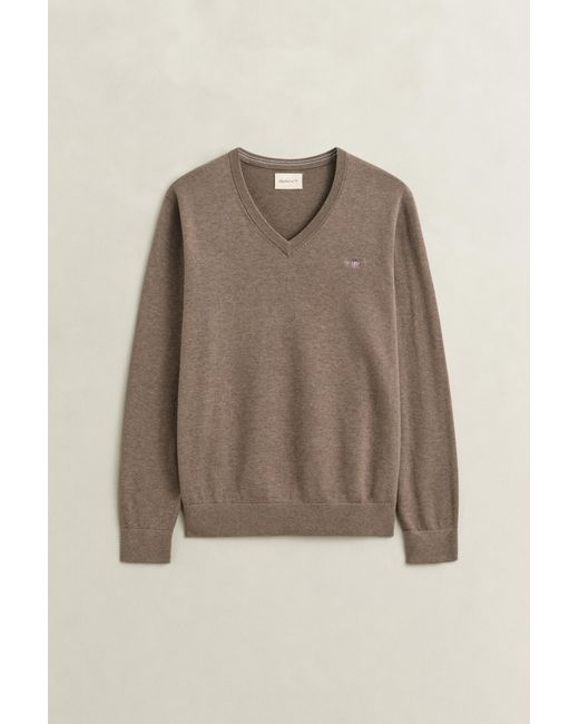 Gant Brown Cotton V-Neck Sweater for men