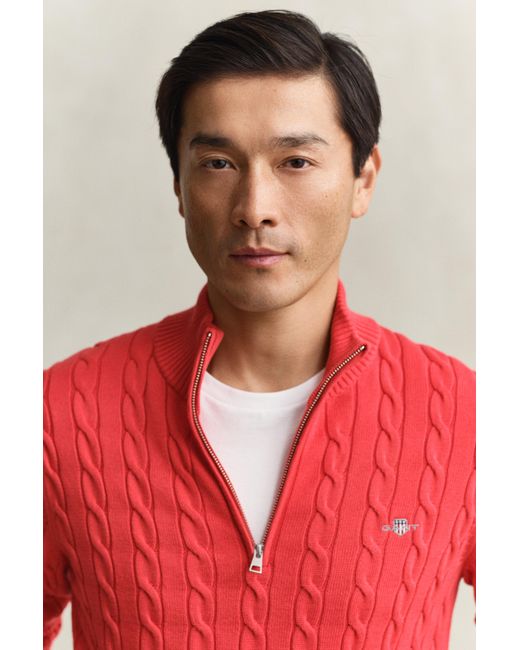 Gant Red Cotton Cable Knit Half-Zip Sweater for men
