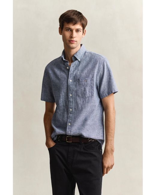 Gant Blue Linen Blend Short Sleeve Shirt for men