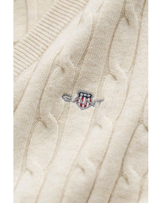 Gant Natural Stretch Cotton Cable Knit V-Neck Sweater