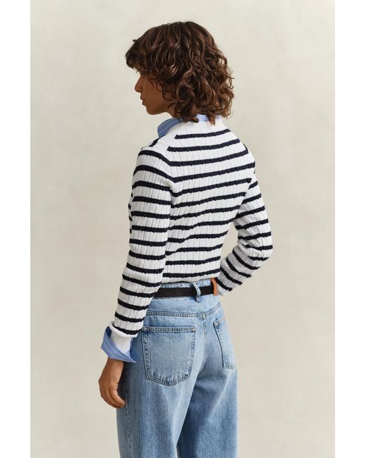 Gant Blue Striped Cable Knit Crew Neck Sweater Eggshell