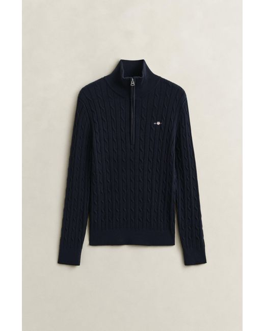 Gant Blue Stretch Cotton Cable Knit Half-Zip Sweater