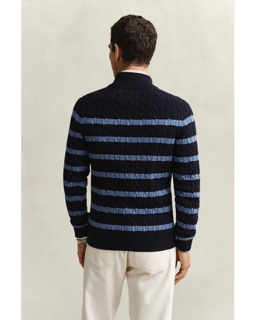 Gant Blue Striped Cotton Cable Knit Half-Zip Sweater Evening for men