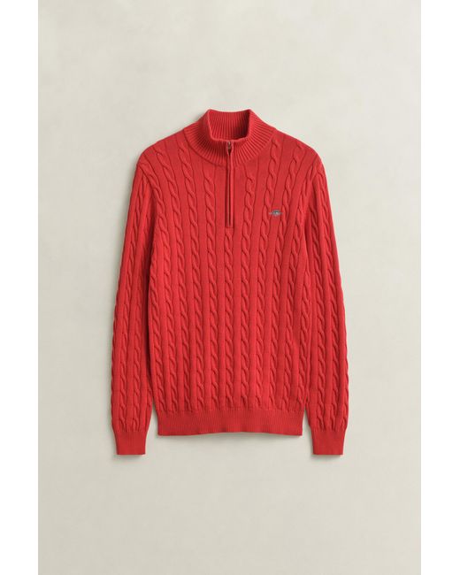 Gant Red Cotton Cable Knit Half-Zip Sweater for men