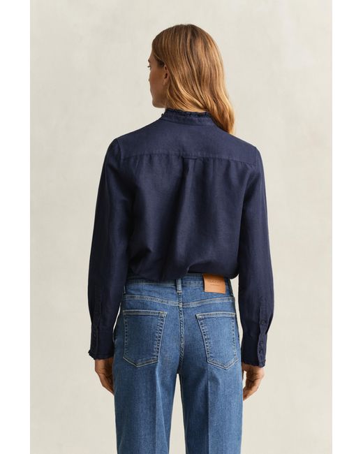 Gant Blue Frilly Linen Blend Blouse Evening