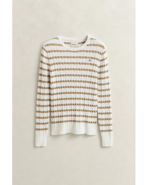 Gant Natural Striped Cable Knit Crew Neck Sweater