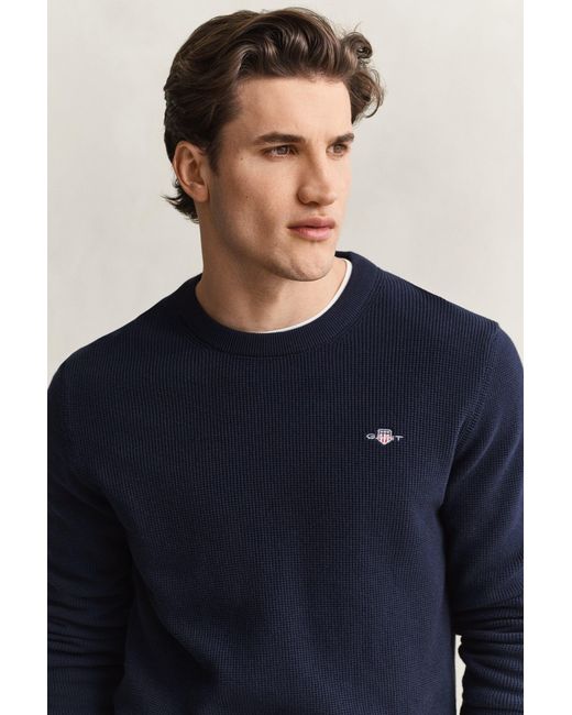 Gant Blue Textured Cotton Crew Neck Sweater Evening for men