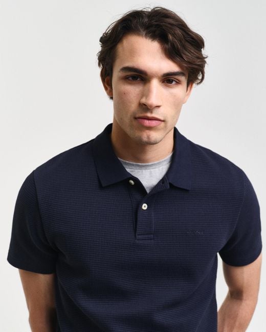 Gant Blue Waffle Textured Polo Shirt () for men